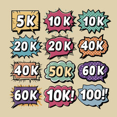 Obraz premium 100K icon. Achievement followers.100 000 followers background. Congratulating networking thanks, net friends line icons set, editable stroke, flat isolated on white, linear vector outline illustration