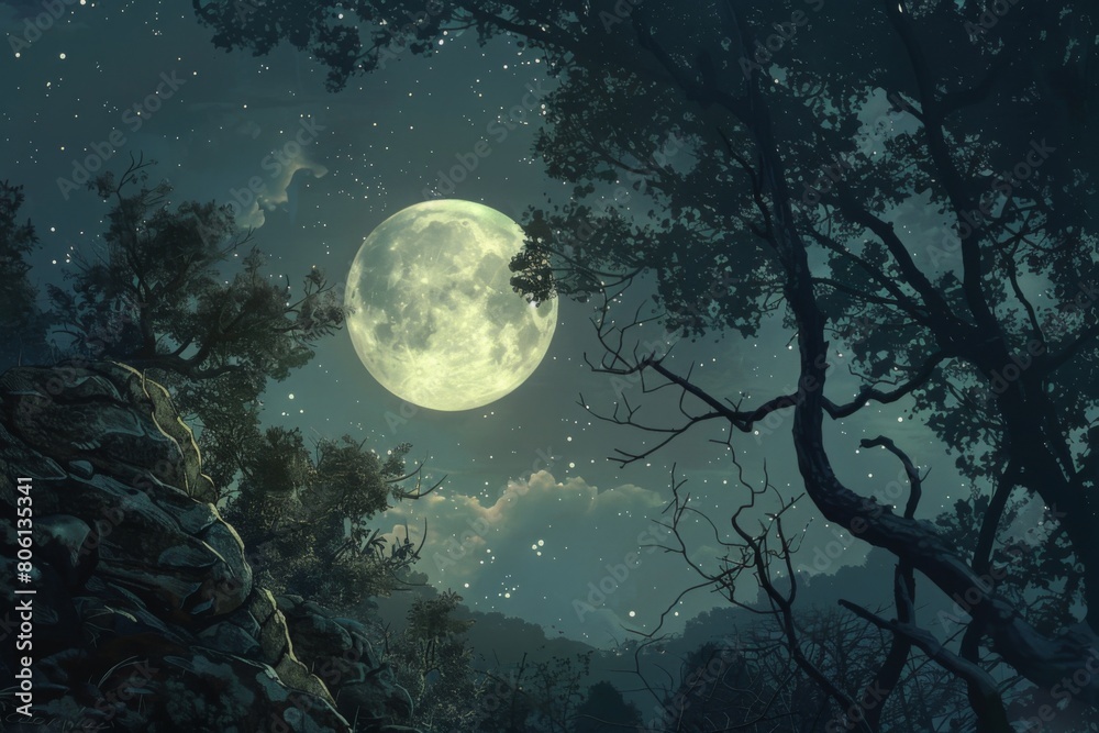 Wall mural a large moon is shining brightly in the night sky, surrounded by trees and rocks - Wall murals