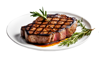 Homemade grilled meat steak with spices and rosemary on a white plate