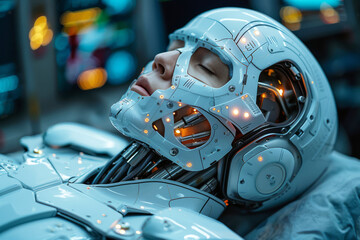 Fototapeta premium A humanoid robot with intricate designs lies dormant, on the verge of activation in a high-tech lab