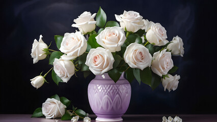 Timeless Elegance: White Roses Bloom in a Lilac Vase. A Delicate Balance of Lilac and White. Crisp White Roses in a Lilac Vase. generative AI