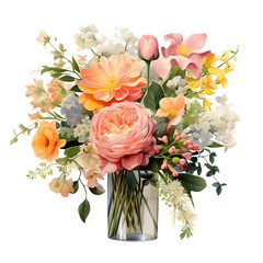 Obraz premium A classic clip art of a beautiful flower Vintage bottle, pastel colour, overflowing with assorted blooms and greenery, beautiful wedding style, single objects, isolated on white background.