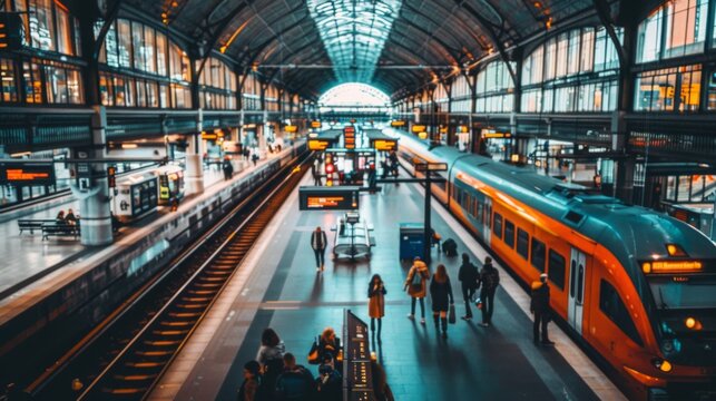 A high-speed train station concourse bustling with passengers, showcasing the vibrant energy of modern rail travel hubs.