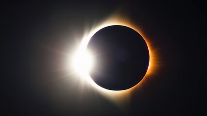 Total Solar Eclipse Sun Light Glowing in dark sky, black background. Mysterious natural phenomenon. Moon passes between planet Earth and Sun. Beautiful landscape with solar eclipse