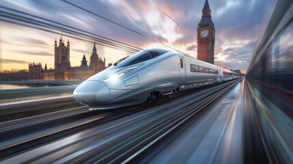 A high-speed train zipping past iconic landmarks, symbolizing progress and innovation in urban transportation systems.