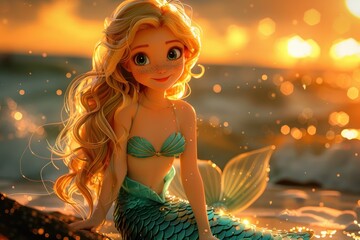 A cartoonish mermaid is sitting on a rock by the ocean