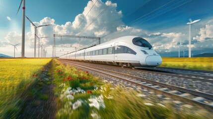 A high-speed train zooming past fields of wind turbines, symbolizing the eco-friendly benefits of efficient mass transit systems.