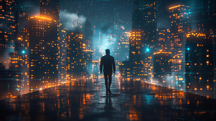 Business technology concept, Professional business man walking on future network city background and futuristic interface graphic at night, Cyberpunk color style.
