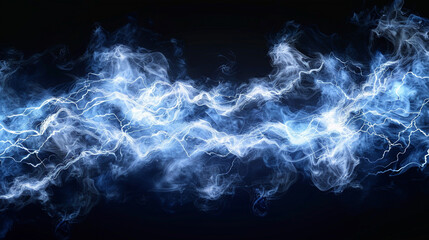 A dynamic explosion of smoke in electric blue and white, resembling a lightning storm, set against a deep black backdrop for dramatic effect.