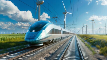 Naklejka premium A high-speed train zooming past fields of wind turbines, symbolizing the eco-friendly benefits of efficient mass transit systems.