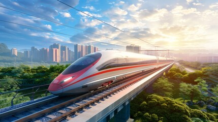 A high-speed train zooming past scenic countryside landscapes, demonstrating the seamless connection between urban centers.