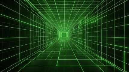 A 3D perspective of a cyberspace room featuring a black background with a laser grid wireframe