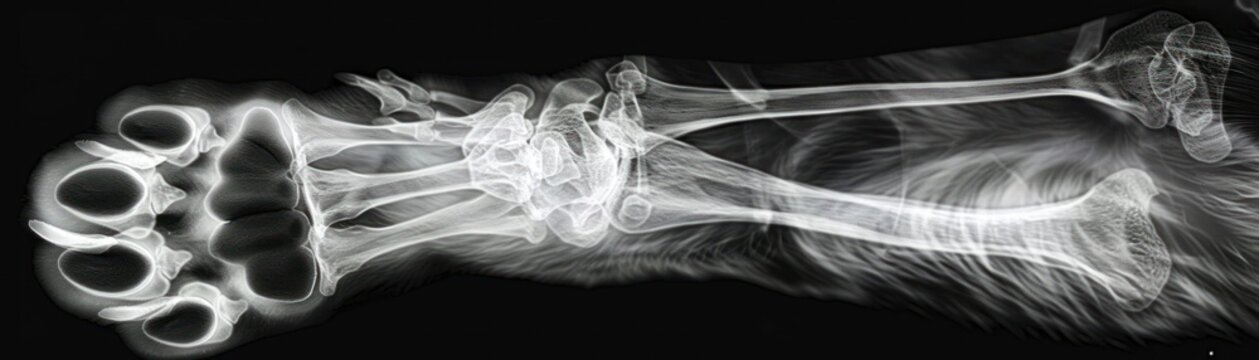 Xray of a cats paws showing bone and joint structure.
