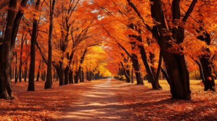 A serene dirt road winds through a forest of trees adorned with glowing orange leaves - Powered by Adobe