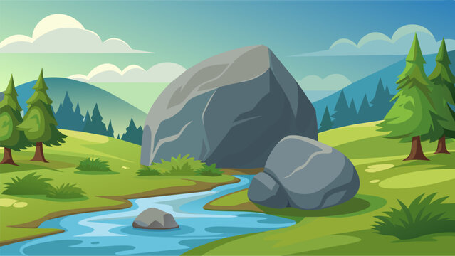 A large boulder by a babbling brook offering a unique and picturesque location for stretching and listening to the soothing sounds of nature.. Vector illustration