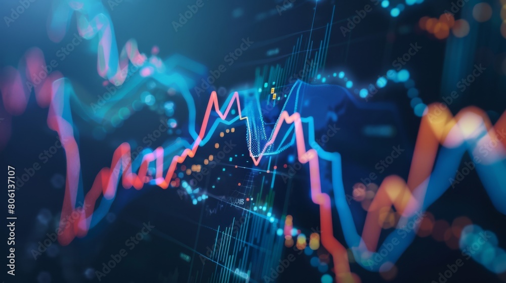 Poster a line graph depicting stock market trends, with fluctuating lines representing the dynamic nature o