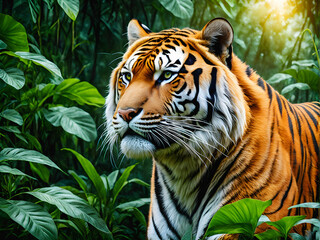 Obraz premium Jungle Majesty: A Powerful Orange Tiger Stalks Through Lush Greenery. A Mesmerizing Orange Tiger in its Natural Habitat. generative AI