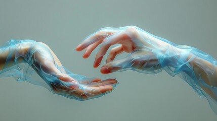 A blue wireframe of two hands reaching out to one another