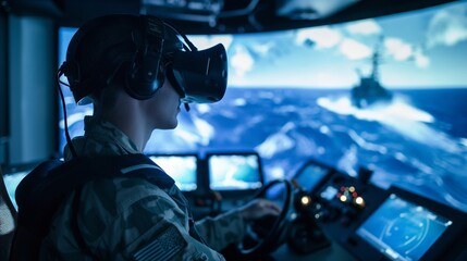 man taking controls from the office on the submarine with new technology and camera 