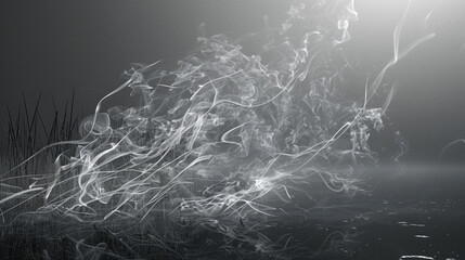 A scene of thin, delicate smoke trails in crisp white, weaving through a dark grey background, resembling early morning fog over a lake.