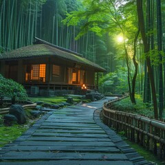 A serene bamboo forest, with a path leading to a traditional Japanese tea house, professional color grading, no contrast, clean sharp, digital photography