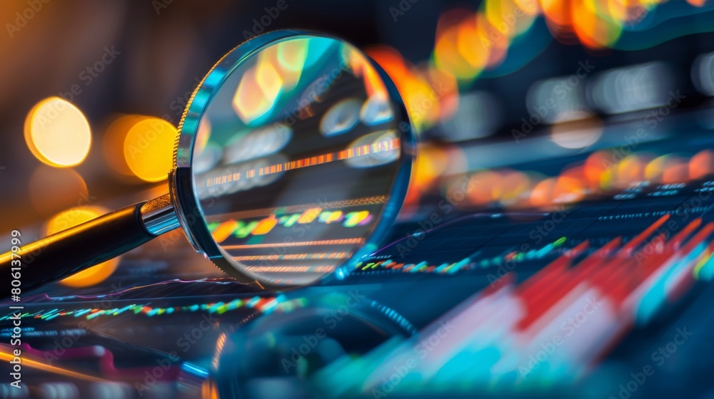 Poster a magnifying glass focused on stock market data charts, emphasizing the importance of detailed analy