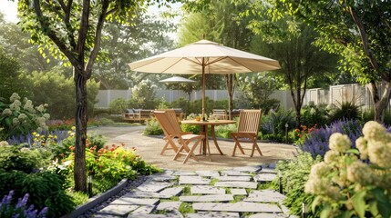 Enjoy a serene summer day in a beautifully maintained garden featuring a cozy patio, wooden furniture