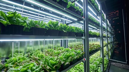Fototapeta premium Large vertical farm with LED lights growing lettuce