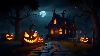 Haunted House, Pumpkins, and Evil Pumpkin in Spooky Forest - 3D Render for Invitations, Banners, Advertisements, and Educational Materials