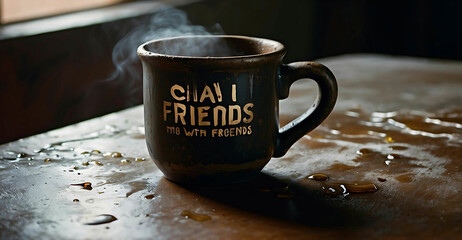 Coffee cup on a wooden table with text Chai with Friends, Indian hostel memories concept