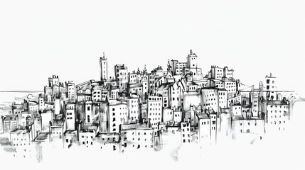 Enhance your projects with this meticulously hand-drawn city sketch, featuring intricate black ink details on a clean white background