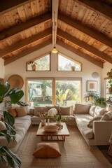 a living room where people want to hang out and socialize, couches, windows, plants, modern mid-century modern style house