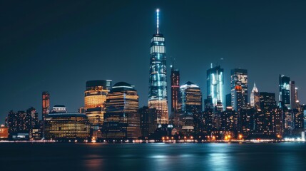 Obraz premium A majestic skyscraper illuminated against the night sky, standing tall amidst the twinkling lights of a bustling urban center.