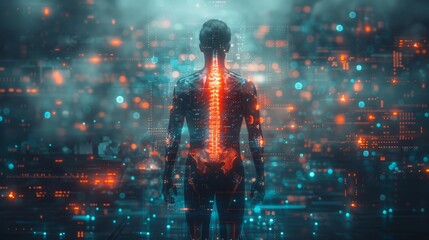 Man's back x-ray with digital science interface of spines and bones scan for orthopedic proposals