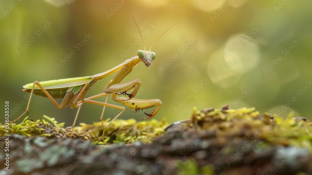 Poster a mantis nymph exploring its surroundings on a twig, showcasing the curious and inquisitive nature o