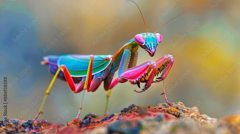 Poster A mantis nymph displaying its vibrant coloration and striking pose, warning potential predators of its unpalatability with bold warning colors.