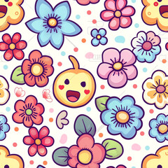 Beautiful Pastel Flowers Chibi Graphic, Seamless Pattern