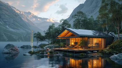 Fototapeta premium the harmony of nature and technology with a sustainable off-grid lifestation featuring solar panels and wind turbines in a remote setting