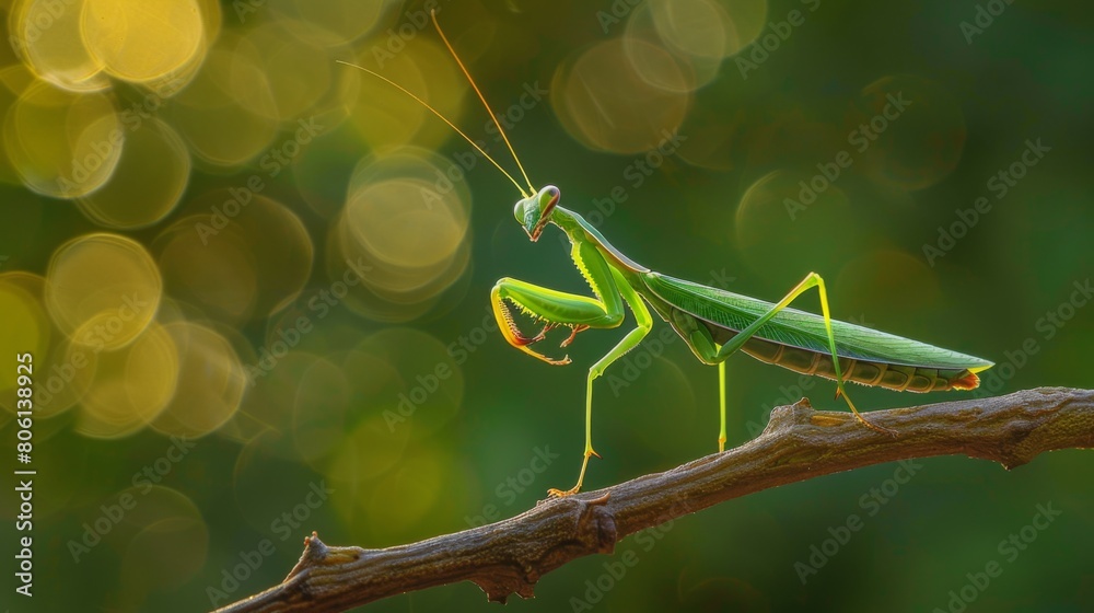 Poster a mantis nymph perched on a twig, its body angled in a perfect line with the stem, demonstrating its