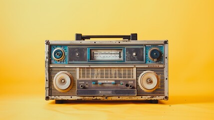 A classic retro portable stereo boombox radio cassette recorder from the 80s set against a bright yellow background