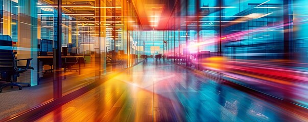 Fototapeta premium Vibrant abstract blur of lights and colors in a modern office at night