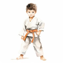 A young boy in a karate with an orange belt. - obrazy, fototapety, plakaty