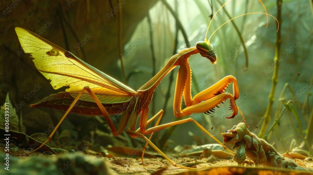 Poster A mantis using its powerful forelegs to capture and hold onto its prey, showcasing the precision and speed of its hunting technique.