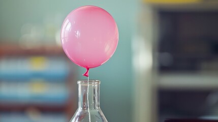 A visually intriguing science experiment featuring a pink inflated balloon atop a transparent test bottle