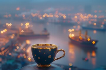 A sophisticated, gold-rimmed coffee cup, set against the panoramic view of the sea from a high vantage point.