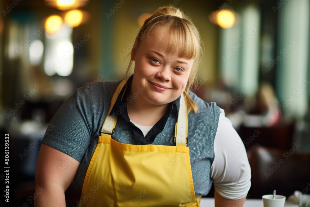 Wall mural Down syndrome persona, resilience and positivity, radiant joy, genuine smile.