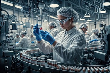 A pharmaceutical scientist wearing sterile gloves inspects medical vials on a production line conveyor belt at a pharmaceutical manufacturing plant
