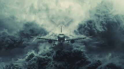 A dark and stormy sky with a plane flying through the clouds.