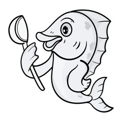 Cute Fish Line Cartoon Illustration. Animal Food Icon Concept Isolated Premium Vector. Flat Cartoon Style coloring page