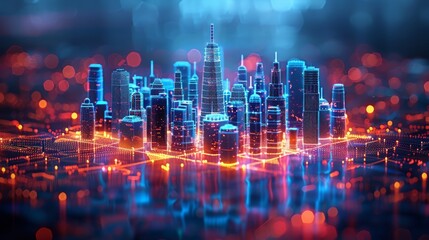 Digital city concept, futuristic wireframe cityscape